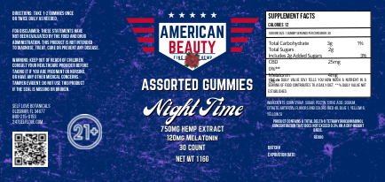 American Beauty Night Time Assorted Gummies with CBD & Melatonin 30 Count 750mg Hemp Extract 120mg Melatonin