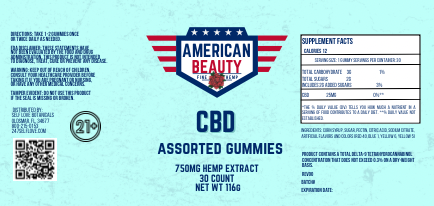 American Beauty CBD Assorted Gummies 30 Count 750mg Hemp Extract